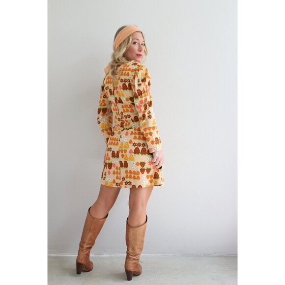 1960s Vintage Autumn Rose Mini Dress & Scarf Set ~ Women's Medium to Large MD LG - Picture 3 of 10
